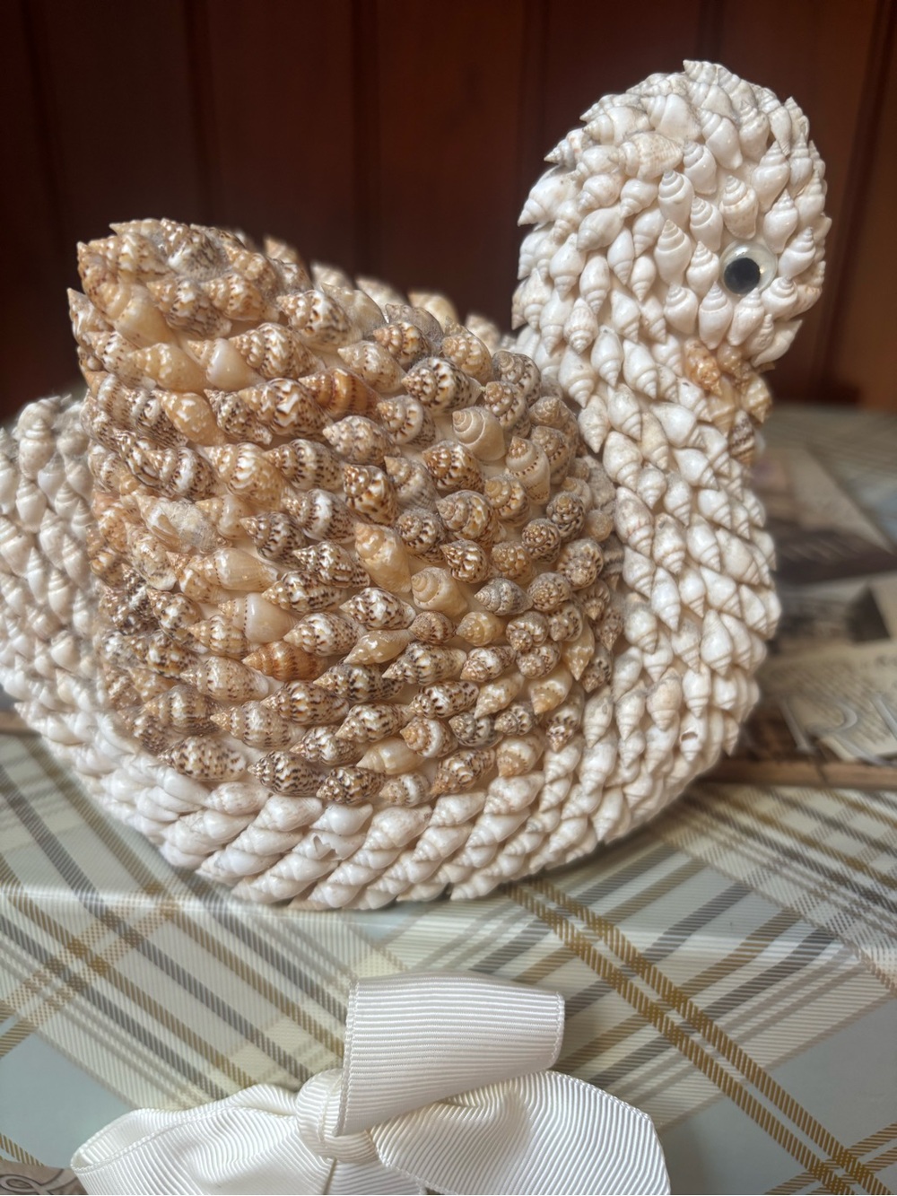 Handmade Shell Swan Figurine Vintage Seashell Encrusted Swan